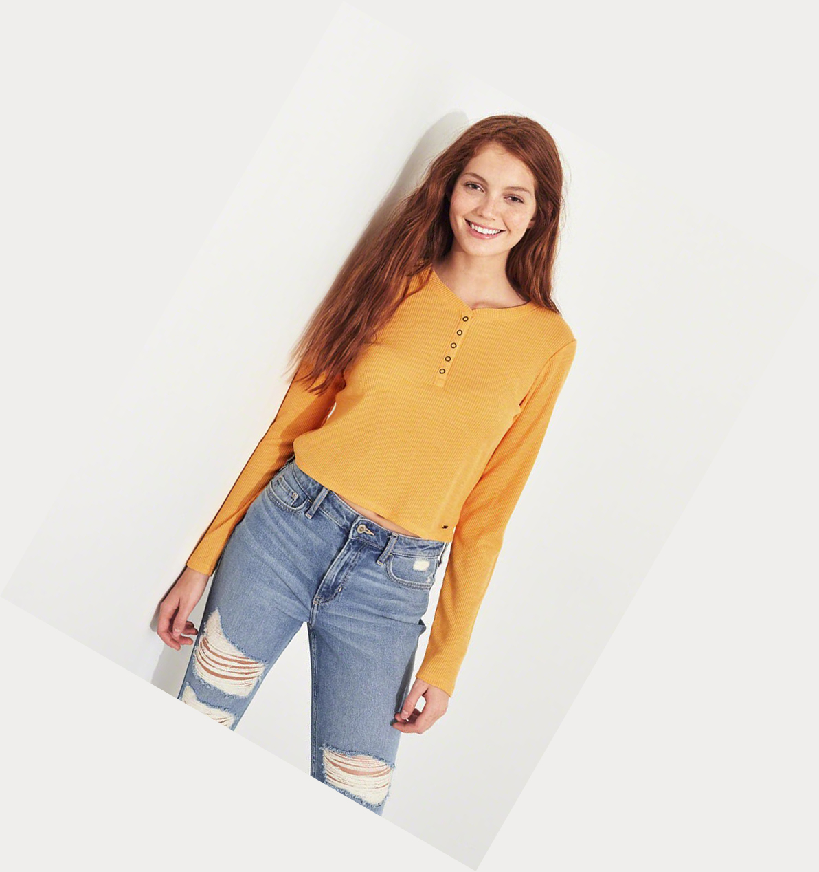 Yellow Hollister Waffle Crop Henley Women's Long Sleeve | ZA-CPDW368